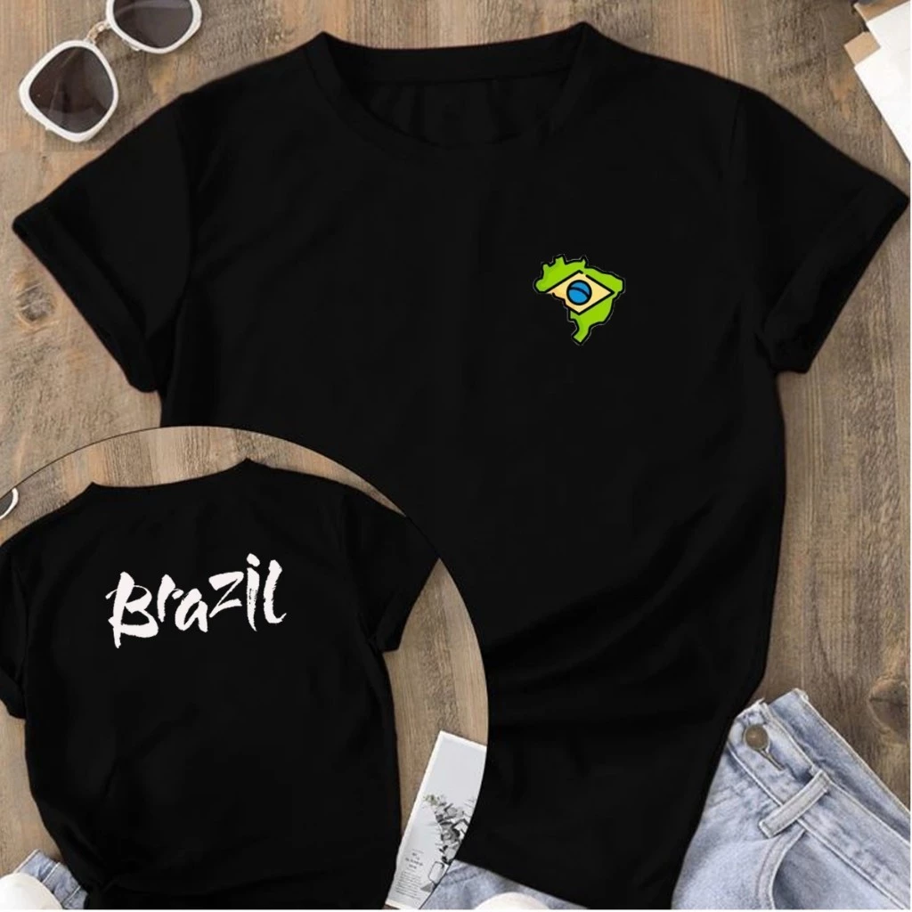 Camiseta Unissex Estampa Brasil Frente e Verso Camiseta Escrito Brazil Mapa do Brasil 100% Algodão Copa do Mundo Brasil camisa do brasil