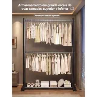 Cabideiro De Chão Arara Com Sapateira Em Aço Desmontável Organizador De  Roupas