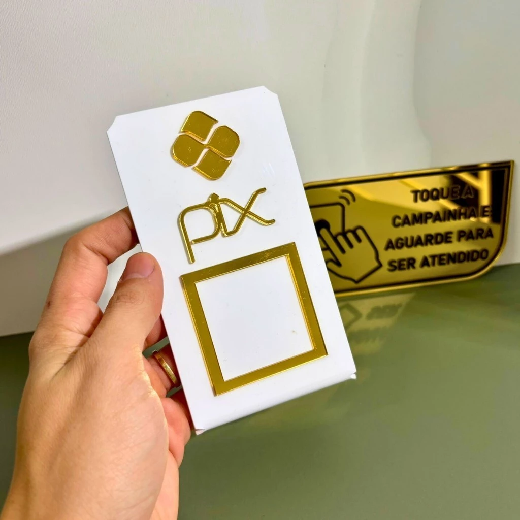 Kit Placa Pix Personalizada Qr Code + Placa Campainha Identificação Balcão Acrílico Espelhado