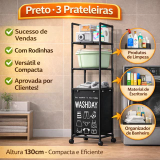 Estante Organizadora com Cesto de Roupa Suja e Rodas – Carrinho para Lavanderia 1, 2 ou 3
