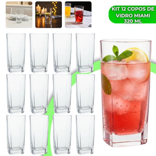 Jogo 12 Copos Miami 320ml Vidro Grosso Moderno Luxo Elegante Quadrado Alto Texas Bali Água