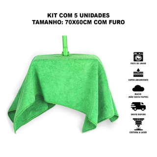Kit 5 Panos de Chão Microfibra 70x60cm Furo para Rodo Limpeza