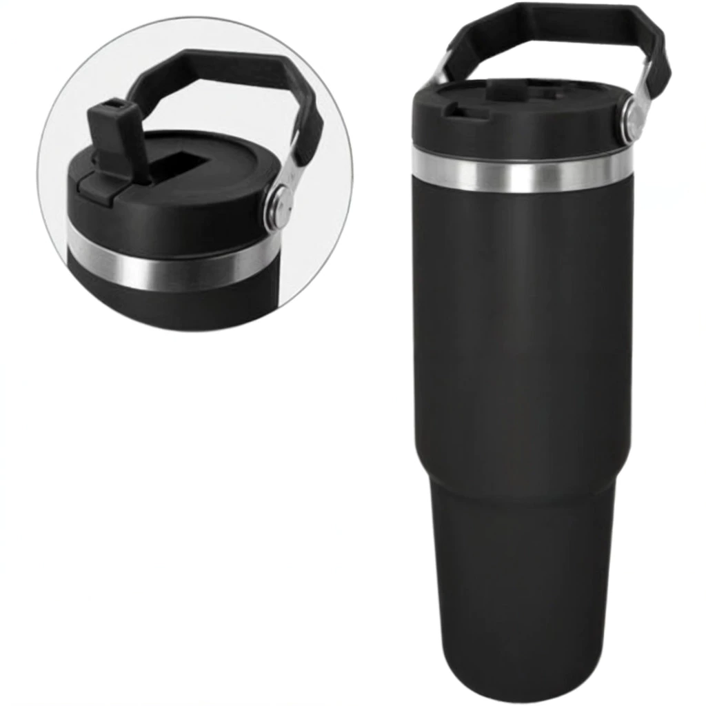 Personalizado - Garrafa Flip Straw Tumbler com Alça Superior e Canudo (900ml) - Preto